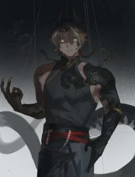 Rule 34 | 1boy, arknights, armor, belt, black pants, black shirt, black skin, brown hair, chongyue (arknights), claws, colored extremities, colored skin, cowboy shot, dragon boy, dragon horns, empty eyes, grimace, hand up, highres, horns, long hair, male focus, muscular, muscular male, pants, puppet strings, red belt, shirt, shoulder armor, sleeveless, sleeveless shirt, solo, spoilers, yellow eyes, yomotobi
