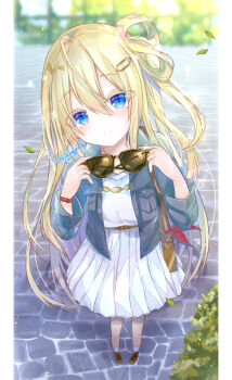 Rule 34 | bag, battle spirits, blonde hair, blue eyes, blue jacket, brown bag, brown shoes, closed mouth, commentary request, from above, hair between eyes, hair ornament, hair rings, holding, holding removed eyewear, jacket, leaf, light smile, long hair, open clothes, open jacket, outdoors, rei ooba, shirt, shoes, shoulder bag, skirt, socks, sunglasses, twitter username, unworn eyewear, white shirt, white skirt, white socks, yamine kuro