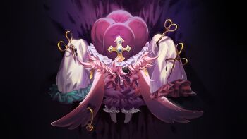 cross crown dress egliette frilled_dress frilled_sleeves frills game_cg gem kirame_kirai non-web_source official_art pink_hair pocket_mirror scissors stuffed_toy