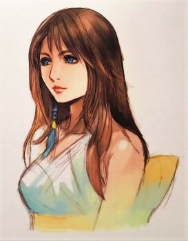 alternate_hair_length alternate_hairstyle blue_eyes brown_hair final_fantasy final_fantasy_x green_eyes heterochromia long_hair official_art simple_background solo white_background yuna_(ff10)