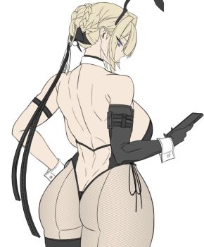 1girl alternate_costume animal_ear_hairband animal_ears arm_strap ass back backboob bare_back bare_shoulders black_choker black_gloves black_leotard blonde_hair breasts butt_crack cellphone choker cluhob detached_collar elbow_gloves evelyn_chevalier fake_animal_ears fishnet_pantyhose fishnets from_behind gloves hair_up hairband highleg holding holding_phone large_breasts leotard long_hair long_ribbon looking_at_phone median_furrow mole mole_under_eye pantyhose phone playboy_bunny purple_eyes rabbit_ear_hairband rabbit_ears ring_hair_ornament see-through_clothes see-through_leotard shoulder_blades side-tie_leotard sideboob single_elbow_glove smartphone solo strapless strapless_leotard thick_thighs thigh_strap thighs toned toned_female uneven_bangs unfinished white_wrist_cuffs wrist_cuffs zenless_zone_zero