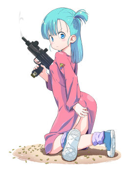 1girl absurdres alternate_breast_size_(smaller) aqua_hair ass blue_eyes blue_shoes breasts bulma_(future) clothes_lift commentary_request dragon_ball dragon_ball_(classic) dress dress_lift from_behind full_body gun highres holding holding_gun holding_weapon kneeling kuuchuu_yousai looking_back one_side_up purple_socks shell_casing shoes small_breasts smoke socks solo submachine_gun trigger_discipline uzi v-shaped_eyebrows weapon
