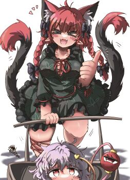 &gt;_&lt; 2girls absurdres animal_ear_fluff animal_ears black_shirt black_skirt blush braid breasts cat_ears cat_girl cat_tail cleavage closed_eyes collarbone extra_ears eye20806972 facing_viewer fangs highres kaenbyou_rin komeiji_satori large_breasts long_hair multiple_girls multiple_tails pink_hair pointy_ears red_eyes red_hair shirt side_braids simple_background skirt solo_focus squiggle tail third_eye thumbs_up touhou twin_braids two_tails wheelbarrow white_background