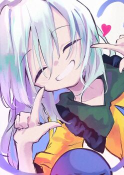 Rule 34 | 1girl, calpis118, closed eyes, commentary request, facing viewer, green sailor collar, heart, highres, index finger raised, komeiji koishi, no headwear, pointing, pointing at self, sailor collar, simple background, smile, solo, third eye, touhou, upper body, white background