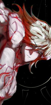 1boy absurdres arm_tattoo black_background blonde_hair blue_moon_(artist) chest_tattoo commentary facial_tattoo gradient_hair highres honkai:_star_rail honkai_(series) male_focus medium_hair multicolored_hair mydei_(honkai:_star_rail) neck_tattoo red_hair red_tattoo solo sun_symbol symbol-only_commentary tattoo tears toned toned_male topless_male yellow_eyes