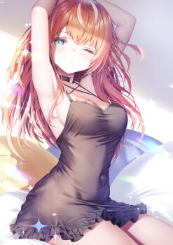 1girl armpits arms_up black_choker black_dress blue_eyes breasts choker dress highres igarashi_rika long_hair looking_at_viewer medium_breasts nijisanji one_eye_closed orange_hair red_hair short_dress sitting sleeveless solo tearing_up tears tears_from_one_eye white_background yawning zzz_(zzz00166403zzz)