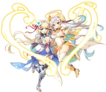 2girls armor artist_request bare_hips blonde_hair blue_eyes breasts cleavage clothing_cutout covered_navel cross feathered_wings flower full_body game_cg gloves hair_flower hair_ornament halo high_heels highres jeanne_d&#039;arc_(legend_clover) jewelry legend_clover light_smile michael_(legend_clover) multiple_girls navel_cutout necklace official_art open_hand open_mouth reaching reaching_towards_viewer red_eyes shoulder_armor sideboob solo standing standing_on_one_leg third-party_source transparent_background twintails white_hair wings