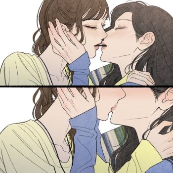2girls blue_shirt brown_hair closed_eyes danielle_(newjeans) food haerin_(newjeans) k-pop kiss llynndn long_hair multiple_girls newjeans parted_lips pocky pocky_day pocky_kiss shared_food shirt simple_background white_background yellow_shirt yuri