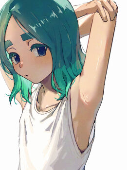 1boy aqua_hair armpits arms_behind_head arms_up blue_eyes commentary_request highres inazuma_eleven_(series) inazuma_eleven_victory_road looking_at_viewer male_focus medium_hair sasanami_unmei shirt simple_background sleeveless sleeveless_shirt solo upper_body white_background white_shirt yoruhachi