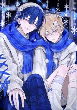 2boys bandage_on_knee blonde_hair blue_eyes blue_hair blue_ribbon blue_scarf closed_mouth commentary_request earrings fairy_lights highres jacket jewelry laki_(10stxx) long_sleeves looking_at_viewer male_focus mole mole_under_eye multiple_boys original ribbon scarf shorts single_earring smile snowflakes socks teeth yaoi