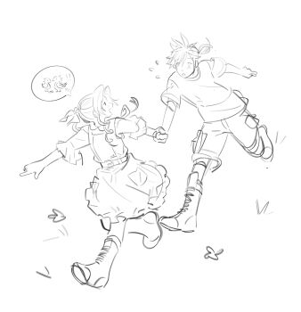 1boy 1girl aerith_gainsborough alternate_universe blush boots candy candy_bar chocoboo cloud_strife dress final_fantasy final_fantasy_vii final_fantasy_vii_remake food full_body greyscale hair_ribbon highres holding_hands lentymet long_hair low_ponytail monochrome open_mouth parted_bangs parted_lips pointing ponytail ribbon running shirt shirt_under_dress short_hair shorts sidelocks sketch smile spiked_hair t-shirt white_background