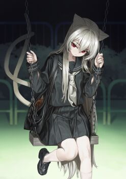 1girl animal_ears bag black_bag black_sailor_collar black_serafuku black_shirt black_shoes black_skirt cat_ears cat_girl cat_tail chain closed_mouth commentary_request hair_between_eyes highres kneehighs loafers long_hair long_sleeves naruto_maki_(naruto05) neckerchief nekomata night on_swing original outdoors pleated_skirt red_eyes sailor_collar school_bag school_uniform serafuku shirt shoes skirt socks solo swing tail white_hair white_neckerchief white_socks