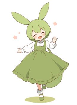1girl :d absurdres animal_ears blush closed_eyes collared_shirt dot_nose dress facing_viewer foot_up full_body green_dress green_hair green_shoes head_tilt highres long_dress long_hair long_sleeves ojou-sama_zundamon open_mouth outstretched_arm pinafore_dress rabbit_ears shadow shirt shoes sidelocks simple_background sleeveless sleeveless_dress smile socks solo standing standing_on_one_leg voicevox white_background white_sleeves white_socks zundamon zungurimukkuri_tarou