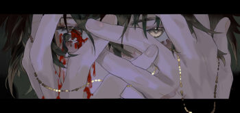 1boy black_hair bleeding blood blood_on_clothes brown_eyes covering_own_eyes hair_between_eyes highres ibex letterboxed looking_at_viewer male_focus peeking_through_fingers slow_damage towa_(slow_damage)