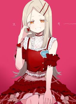 1girl arm_strap belt blonde_hair bow bow_earrings collarbone colored_eyelashes commentary_request cowboy_shot earrings flipped_hair frilled_shirt frills gakuen_idolmaster grin hair_ornament hairclip half-heart_hands hand_on_own_knee hand_up heart highres idolmaster jewelry long_hair looking_at_viewer open_mouth orange_eyes parallel_hairclips parted_bangs petticoat pink_background pink_belt red_bow red_shirt red_skirt shinosawa_hiro shirt sitting skirt sleeveless sleeveless_shirt smile solo t3_(t3only) wristband