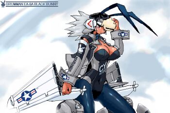 1girl aircraft airplane animal_ears breasts character_name cleavage cloud emblem female_focus grumman_ea-6 headset large_breasts looking_at_viewer mecha_musume no_bra oekaki original pantyhose personification playboy playboy_bunny rabbit rabbit_ears rabbit_girl red_eyes silver_hair solo tan yonezuka_ryou