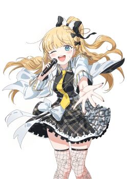 Rule 34 | 1girl, ;d, absurdres, alternate costume, black bow, black dress, blonde hair, blue eyes, bow, collared dress, dress, earrings, feet out of frame, fishnet thighhighs, fishnets, floating clothes, floating hair, frilled dress, frills, hair bow, highres, holding, holding microphone, idol, idol clothes, jacket, jewelry, long hair, looking at viewer, mahou shoujo no majo saiban, microphone, mole, mole under eye, music, nail polish, necktie, one eye closed, one side up, open mouth, outstretched arm, saeki miria, simple background, singing, skindentation, smile, solo, standing, sweatdrop, thighhighs, tsujiya okuyasu, white background, white jacket, yellow necktie