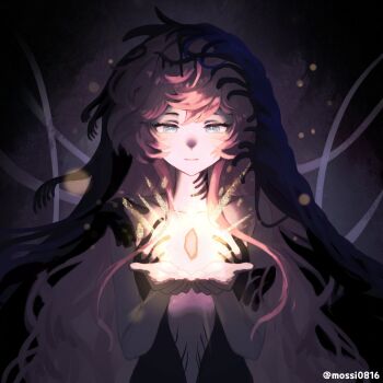 Rule 34 | 1girl, aqua eyes, bare shoulders, black dress, black veil, blue veil, breasts, chimera, closed mouth, collarbone, commentary request, dress, gem, hair between eyes, highres, korean commentary, long hair, medium breasts, mixed-language commentary, monster girl, mossi (mossi0816), nautika (reverse:1999), pink hair, plunging neckline, reverse:1999, sidelocks, solo, strapless, strapless dress, twitter username, two-tone veil, upper body, veil, very long hair