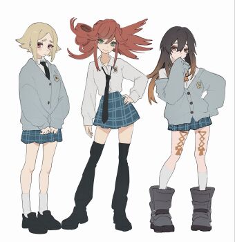 3girls amo_empool black_leg_warmers black_necktie black_shoes blue_skirt brown_hair cardigan collared_shirt corset_piercing eishia_stilza flipped_bangs full_body gachiakuta gradient_hair green_eyes grey_cardigan highres leg_warmers loose_necktie multicolored_hair multiple_girls necktie orange_eyes orange_hair pleated_skirt riyo_reaper shirt shoes simple_background skirt socks white_background white_shirt white_socks yuumewu