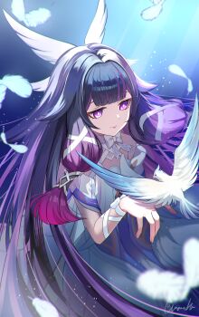 1girl absurdres amaneko_(amaneko_y) bird black_hair blunt_bangs bow bright_pupils closed_mouth columbina_(genshin_impact) commentary_request dove dress falling_feathers feathers genshin_impact hair_ribbon head_wings highres long_hair looking_at_animal multicolored_hair purple_eyes purple_hair ribbon signature smile solo two-tone_hair unusually_open_eyes upper_body very_long_hair watermark white_bird white_bow white_dress white_pupils white_ribbon white_wings wings