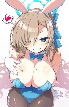 1girl akaneya asuna_(blue_archive) asuna_(bunny)_(blue_archive) black_pantyhose blue_archive blue_bow blue_bowtie blue_leotard bow bowtie breasts cleavage commentary_request cowboy_shot detached_collar hair_over_one_eye halo heart huge_breasts leotard mole mole_on_breast pantyhose playboy_bunny simple_background solo spoken_heart twitter_username white_background