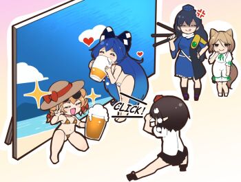 Rule 34 | 13-gou, 5girls, alcohol, anger vein, animal ears, backdrop, beer, beer mug, bikini, blue dress, blue hair, commentary request, cup, dress, drill hair, drinking, drinking glass, fox ears, fox tail, geta, gold bikini, gradient background, green ribbon, hair ribbon, hand on own hip, hand to own mouth, hat, holding, holding cup, holding tripod, iizunamaru megumu, kudamaki tsukasa, long hair, mug, multiple girls, outline, pom pom (clothes), ribbon, romper, shaded face, shameimaru aya, shell, shell bikini, shirt, sun hat, swimsuit, tail, taking picture, tengu-geta, tokin hat, touhou, tripod, twin drills, w, white outline, white romper, white shirt, yorigami jo'on, yorigami shion