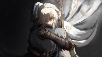 Rule 34 | armor, blonde hair, cloak, closed eyes, couple, elden ring, elden ring: shadow of the erdtree, gauntlets, gold trim, helmet, highres, hug, needle knight leda, non-web source, smile, tarnished (elden ring)