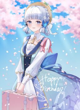 1girl absurdres ayaka_(genshin_impact) blue_dress blue_eyes blue_hair blunt_bangs blush braid breasts briefcase brown_hat butterfly_hair_ornament cherry_blossoms commentary_request dress flower genshin_impact hair_flower hair_ornament hat highres holding holding_briefcase kamisato_ayaka kamisato_ayaka_(springbloom_missive) long_hair long_sleeves looking_at_viewer mole mole_under_eye official_alternate_costume official_alternate_hairstyle ponytail puffy_long_sleeves puffy_sleeves ribbon smile solo yuzu_(yuzu_ss_31019)