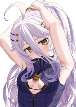 1girl absurdres adjusting_hair ahoge armpits arms_up black_bra bra breasts cleavage_cutout clothing_cutout cube dress gradient_hair grey_hair hair_between_eyes hair_ornament henya_the_genius henya_the_genius_(1st_costume) highres long_bangs long_hair looking_at_viewer majin_(mazimazindayo) mouth_hold multicolored_hair purple_dress purple_hair purple_ribbon ribbon simple_background sleeveless small_breasts solo underwear upper_body virtual_youtuber void_cube vshojo white_background yellow_eyes zipper_pull_tab