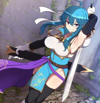 1girl absurdres ahoge arm_behind_head arm_up armor armpits belt blue_hair blue_tunic breastplate breasts collarbone commission commissioner_upload earrings elbow_gloves fire_emblem fire_emblem:_genealogy_of_the_holy_war gloves headband highleg highres hip_bones hiramine_akira holding holding_sword holding_weapon if_they_mated jewelry legs looking_at_viewer nintendo no_panties original pelvic_curtain popped_collar presenting_armpit purple_eyes rock sash selia_(mrtalkingdino) sheath shoulder_armor side_slit sidelocks skeb_commission skindentation smile solo standing sword thighhighs thighs tomboy tunic weapon white_headband