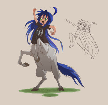 1girl ahoge alternate_species arm_up black_shirt blue_hair centaur full_body green_eyes izumi_konata long_hair lucky_star open_mouth phil_dragash rearing shirt simple_background solo t-shirt taur the_elder_scrolls the_elder_scrolls_v:_skyrim very_long_hair