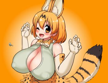1girl alternate_breast_size_(larger) animal_ear_fluff animal_ears animal_print bare_shoulders blonde_hair bow bowtie breasts bursting_breasts claw_pose cleavage commentary commission covered_erect_nipples elbow_gloves eyelashes gloves gussuripii huge_breasts kemono_friends looking_at_viewer medium_hair musical_note one_eye_closed open_mouth orange_eyes pixiv_commission popped_button print_gloves print_skirt serval_(kemono_friends) skirt sleeveless smile solo speech_bubble spoken_musical_note tail