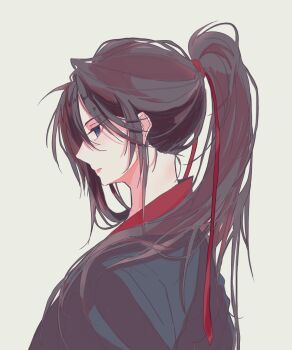 1boy androgynous bishounen black_hair black_hanfu blue_eyes chinese_clothes commentary_request grey_background hair_ribbon hanfu highres k_a_k long_hair looking_at_viewer male_focus modao_zushi ponytail profile red_ribbon ribbon sidelocks simple_background solo upper_body wei_wuxian