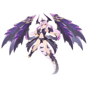 1girl arcanadea breasts dragon_tail feathered_wings hand_up key_visual kotobukiya necomi official_art promotional_art purple_hair red_eyes tail teeth wings