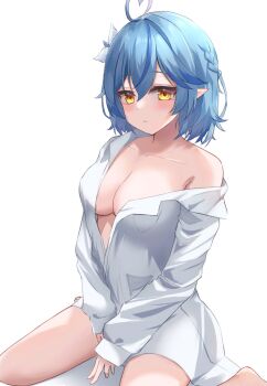 1girl ahoge bare_legs bare_shoulders blue_eyes breasts cleavage collarbone colored_tips commentary_request flower hair_between_eyes hair_flower hair_ornament heart heart_ahoge highres hololive large_breasts long_sleeves multicolored_hair partially_unbuttoned pointy_ears shirt short_hair simple_background sitting sleeves_past_wrists virtual_youtuber wariza white_background white_shirt yellow_eyes yukihana_lamy yuzuki4no