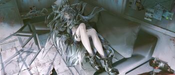 1girl absurdres alcohol animal_ear_fluff animal_ears arknights bare_shoulders black_boots black_gloves black_jacket black_shorts bloody_footprints boots bottle broken_glass chair closed_eyes closed_mouth commentary_request couch cup drinking_glass evidence_board fingerless_gloves glass gloves grey_hair highres indoors jacket lappland_(arknights) long_hair lying material_growth off_shoulder on_back on_couch open_clothes open_jacket oripathy_lesion_(arknights) short_shorts shorts solo sword tail very_long_hair weapon wine wine_bottle wine_glass z_05