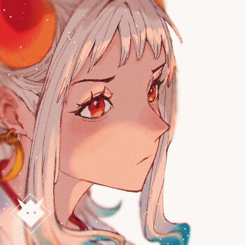 1girl close-up closed_mouth commentary_request earrings eyelashes horns jewelry looking_ahead one_piece orange_eyes ponytail sidelocks simple_background solo u_mi031 white_background white_hair yamato_(one_piece)