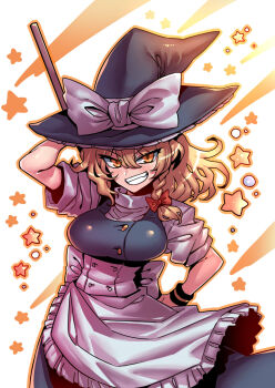 Rule 34 | 1girl, black dress, black hat, blonde hair, braid, breasts, broom, commentary request, dress, grin, hair between eyes, hand on own hip, hat, highres, holding, holding broom, kirisame marisa, large breasts, long hair, looking at viewer, side braid, single braid, smile, solo, star (symbol), touhou, tukiwani, witch, witch hat, yellow eyes