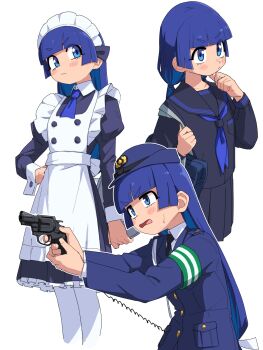 Rule 34 | 1girl, armband, bag, black necktie, black skirt, blue eyes, blue hair, blue hat, blue neckerchief, blunt bangs, blush, choshi nonna, closed mouth, collared shirt, commentary request, duffel bag, gun, handgun, hat, highres, holding, holding bag, holding gun, holding tray, holding weapon, long hair, long sleeves, looking at viewer, maid, maid headdress, neckerchief, necktie, new nambu m60, open mouth, original, pleated skirt, police, police uniform, policewoman, revolver, school uniform, shirt, simple background, skirt, solo, sweatdrop, tray, weapon, white background, white shirt, yachima tana