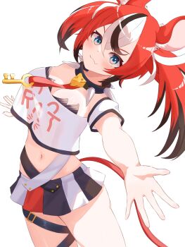 &gt;:) 1girl animal_ear_fluff animal_ears black_hair black_streaks blue_eyes breasts cleavage clothes_writing collar crop_top crop_top_overhang dice dice_hair_ornament fang hair_between_eyes hair_ornament hakos_baelz hakos_baelz_(1st_costume) highres hololive hololive_english key mouse_ears mouse_tail multicolored_hair multicolored_skirt navel outstretched_hand red_hair shirt skin_fang skirt smile spiked_collar spikes standing streaked_hair tail thigh_strap thighs user_hrkc2735 v-shaped_eyebrows virtual_youtuber white_hair white_shirt
