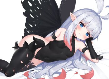 Rule 34 | 1girl, 2drr, absurdres, anne (bravely second), antenna hair, arm behind back, bad source, black boots, black gloves, black leotard, black thighhighs, blue eyes, blush, boots, bravely default (series), bravely second: end layer, breasts, butterfly wings, cheek rest, commentary request, commission, commissioner upload, covered navel, fairy, gloves, hair spread out, highleg, highleg leotard, highres, insect wings, legs, leotard, long hair, lying, on side, pixiv commission, pointy ears, smile, solo, thigh boots, thighhighs, thighs, very long hair, white hair, wings