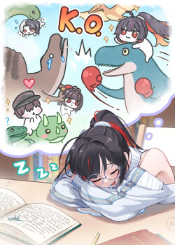 Rule 34 | 1boy, 3girls, aeon ion, arms on table, black hair, black hat, boxing gloves, chair, closed eyes, clothing cutout, commander (nikke), crossed arms, dinosaur, doro (nikke), dreaming, drooling, gloves, goddess of victory: nikke, hair intakes, hat, head rest, heart, high ponytail, highres, indoors, k.o., moran (nikke), moran (off-duty queen) (nikke), multicolored hair, multiple girls, official alternate costume, official alternate hairstyle, on chair, open mouth, peaked cap, ponytail, pterosaur, punching, red gloves, red hair, rosanna (nikke), round eyewear, sakura (nikke), shoulder cutout, sitting, sleeve zipper, sparkle, speech bubble, streaked hair, sweater, thought bubble, triceratops, turtleneck, tyrannosaurus rex, underworld queen (nikke), white sweater, zzz