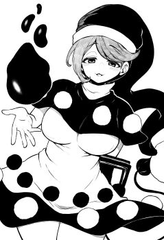 1girl :d absurdres blob blush book breasts cowboy_shot doremy_sweet dress half-closed_eyes hat highres himajin_noizu large_breasts looking_at_viewer monochrome nightcap open_mouth pom_pom_(clothes) simple_background smile solo swept_bangs tail tapir_tail touhou