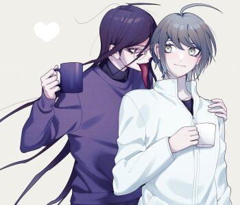 2girls ahoge alternate_costume casual closed_mouth commentary cup danganronpa_(series) danganronpa_another_episode:_ultra_despair_girls eyelashes fangs fingernails fukawa_toko genocider_shou glasses grey_background grey_eyes grey_hair hair_between_eyes hand_on_another's_shoulder heart highres holding holding_cup jacket lightning_ahoge ling_yun_(amadare0803) long_hair long_sleeves long_tongue mug multiple_girls naegi_komaru open_mouth purple_eyes purple_hair purple_sweater round_eyewear simple_background smile sweater symbol-only_commentary tongue tongue_out upper_body very_long_hair white_jacket yuri zipper