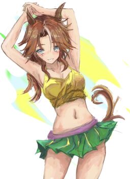 1girl animal_ears armpits arms_up bare_shoulders belt blue_eyes blush breasts brown_hair cleavage collarbone crop_top cropped_shirt green_skirt hair_between_eyes horse_ears horse_girl horse_tail interlocked_fingers long_hair looking_at_viewer medium_breasts mejiro_palmer_(line_breakthrough)_(umamusume) mejiro_palmer_(umamusume) midriff multicolored_hair navel parted_lips pink_belt shirt skirt sleeveless sleeveless_shirt smile stomach streaked_hair tail umamusume white_hair yanagi_wakana yellow_shirt