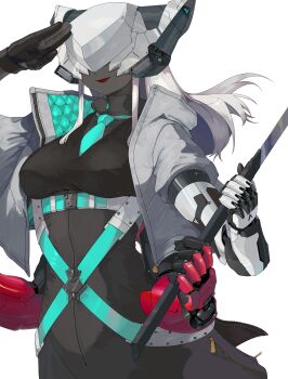 1girl absurdres breasts covered_eyes dark-skinned_female dark_skin extra_arms gloves highres holding holding_sword holding_weapon machine mechanical_arms necktie original prosthesis salute simple_background single_glove solo sword upper_body weapon white_background white_hair yunimaru zipper