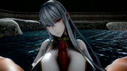 1boy 1girl 3d animated between_breasts bikini black_bikini black_gloves breasts cum ejaculation gloves grey_hair highres huge_breasts huge_penis large_breasts large_penis long_hair looking_at_viewer nipples onsen outdoors paizuri pale_skin penis pov red_eyes selvaria_bles senjou_no_valkyria_(series) sound swimsuit tagme video water