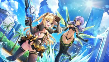 2girls beach blonde_hair blue_eyes bodysuit breasts cityscape cleavage closed_mouth dark-skinned_female dark_skin day dolphin_wave game_cg gloves hair_intakes hair_ribbon highres kazami_ellen long_hair looking_at_viewer looking_back mechanical_wings medium_hair multiple_girls navel non-web_source ocean official_alternate_costume official_alternate_hairstyle official_art ootomo_takuji pleated_skirt purple_hair red_eyes ribbon skirt slingshot_swimsuit small_breasts souma_hayate splashing sun sunlight swimsuit twintails underboob wings