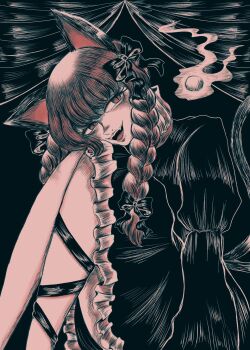 1girl animal_ears black_bow black_dress black_ribbon bow braid cat_ears cat_girl cat_tail dress hair_bow hashtag-only_commentary highres hitodama kaenbyou_rin knees_up leg_ribbon long_hair long_sleeves looking_at_viewer neri_namgal red_eyes red_hair ribbon side_braids sitting slit_pupils solo tail touhou twin_braids