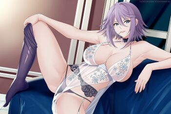 Rule 34 | 1girl, areola slip, areolae visible through clothing, armpits, aslindsamure, babydoll, black garter belt, black panties, blue eyes, breasts, garter belt, halterneck, hand on own knee, large breasts, panties, purple hair, rosario+vampire, shirayuki mizore, short hair, sleeveless, spread legs, swimsuit, thighhighs, underwear